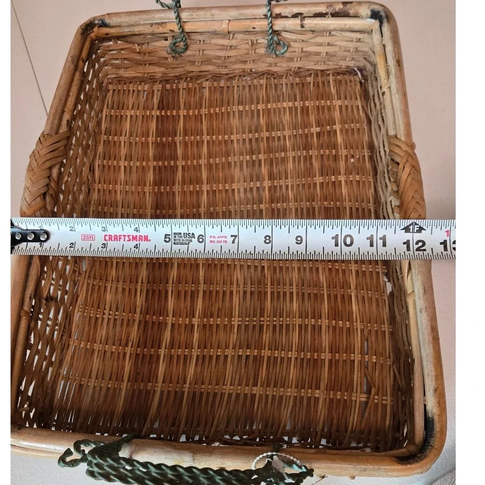 Vintage Heironimus Wicker Rattan Serving Basket Tray Green Metal Handles 16